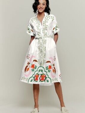 New! TUCKER XS The Sarah Shirtdress Ecru in Dutch Blossoms Pima Poplin